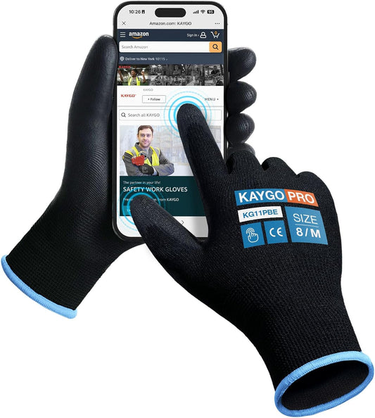 KAYGO Safety Work Gloves PU Coated for Men and Women, 60 Pairs KG11PB, Seamless Knit Glove with Two Fingers Touchscreen, breathable and lightweight Ideal for General Duty Work (Medium,Black)