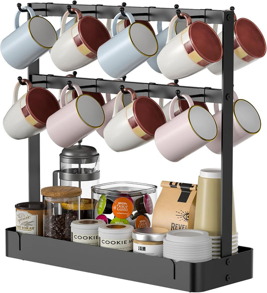 RCHYFEED Countertop Coffee Cup Holder, Aluminum Alloy Mug Holder Organizer with 16 Movable Hooks, 2 Tier Mug Tree Stand Rack with Storage Basket for K Cup Coffee Bar Kitchen