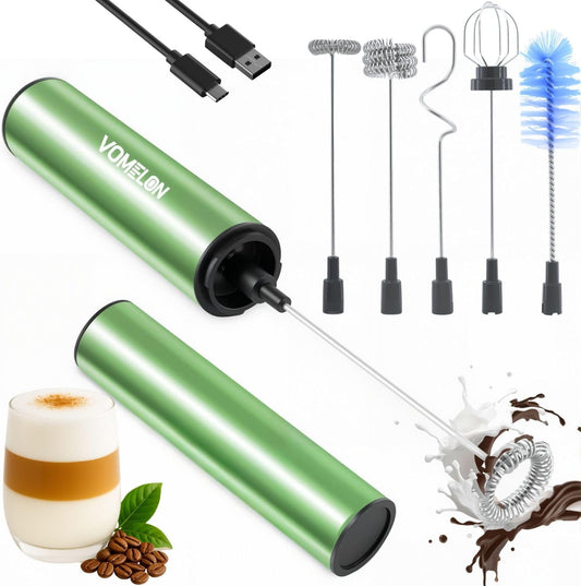 Rechargeable Milk Frother Handheld Electric Frother Wand Milk Foamer Drink Mixer for Coffee, Lattes, Cappuccino, and Egg, Stainless Steel for Travel-Green