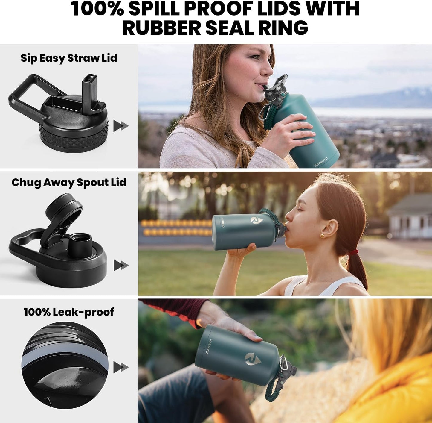 One Gallon Water Bottle Insulated, Triple Walled Vacuum Stainless Steel (Cold for 48 Hrs), Leak Proof & Non-BPA, Large Water Flask Jug with Paracord Handle & Straw Spout Lids