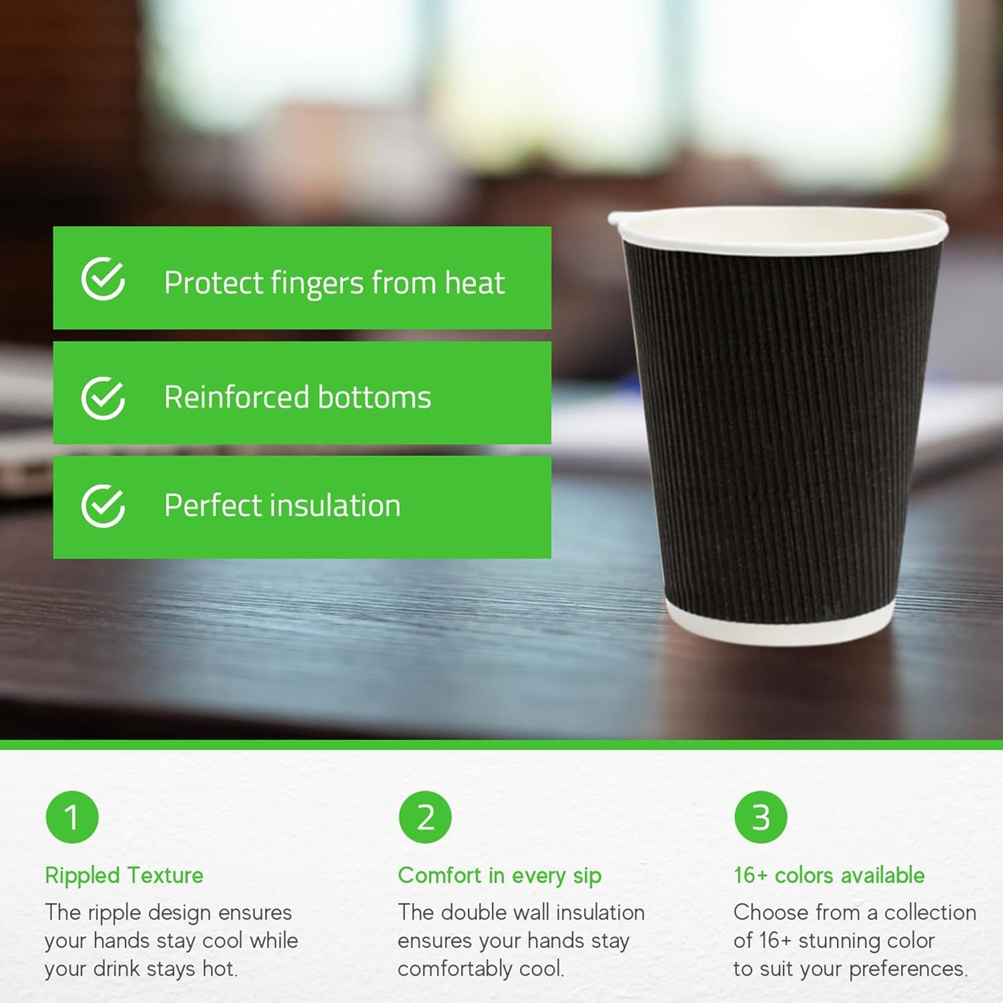 500-CT Disposable Black 12-OZ Hot Beverage Cups with Ripple Wall Design: No Need for Sleeves - Perfect for Cafes - Eco-Friendly Recyclable Paper - Insulated - Wholesale Takeout Coffee Cup