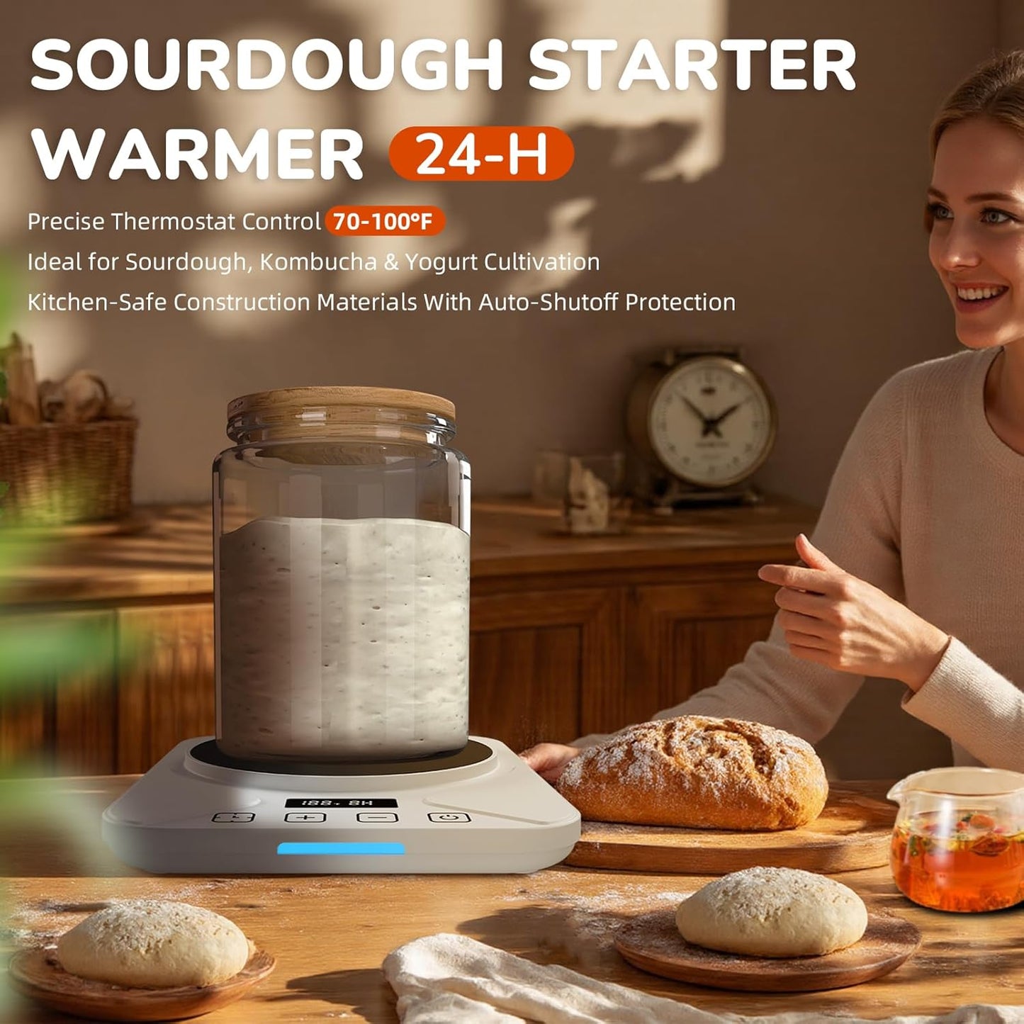 Sourdough Starter Warmer Mat - 24H Timer - Precise 1°F Thermostat Control (70-100°F) - Smart Memory Warming On/Off - Fits Jars Up to 40oz - Perfect for Home Baking (White)