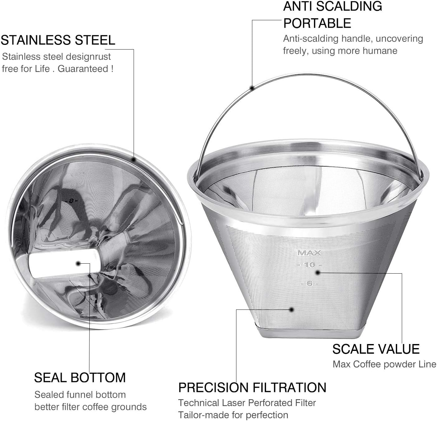 Reusable #4 Cone Shape Coffee Filter Permanent 6-10 Cup Stainless Steel Coffee Filter for Cuisinart Maker Ninja Coffee Bar Brewer -BPA Free
