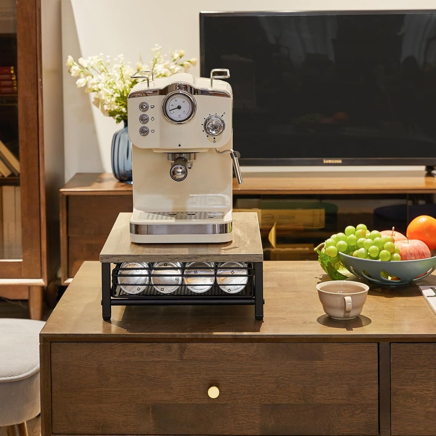 IBUYKE Wooden Coffee Pod Drawer Holder,Pod Holder,40 Capsule Pods,Coffee Pod Holder Drawer With Mesh Shelves,Home Kitchen Counter Organizer,Greige TCJ101Y