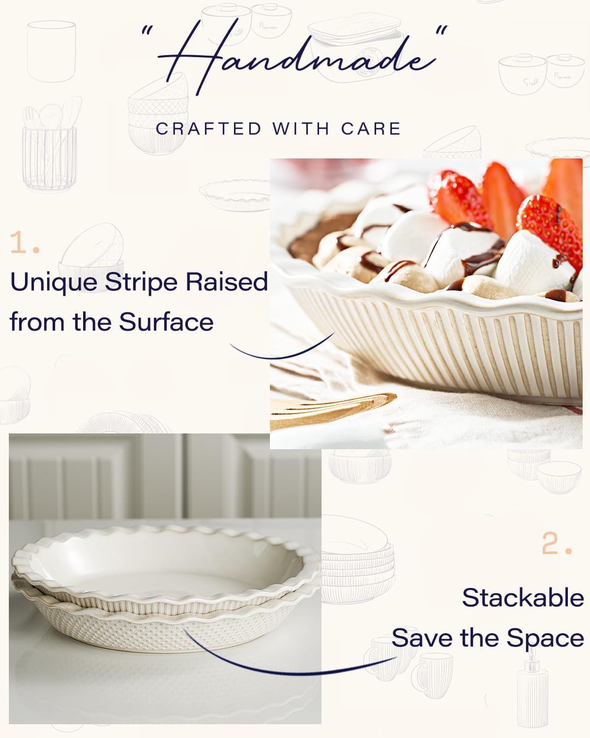 getstar Ceramic Pie Pan, 9 inch Pie Dish for Baking, Non-Stick, Oven & Dishwasher Safe, Farmhouse Decor Quiche Baking Dish, Pie Plate, Deep Dish Pie Pan (Embossed Stripes)