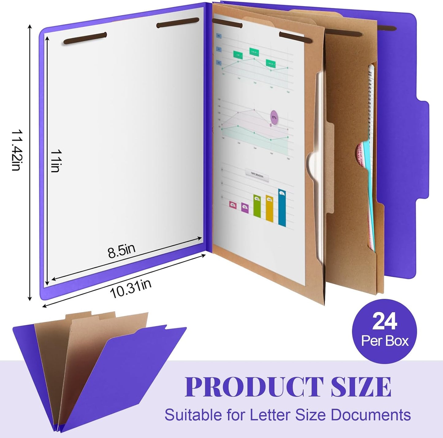 24 Pcs Classification Folders Letter Size, Back to School Supply for Teacher, Student, 2 Pocket Dividers Pressboard File Folder Bulk with 2 Fasteners, 2 in Expanding File Organizer (Purple)