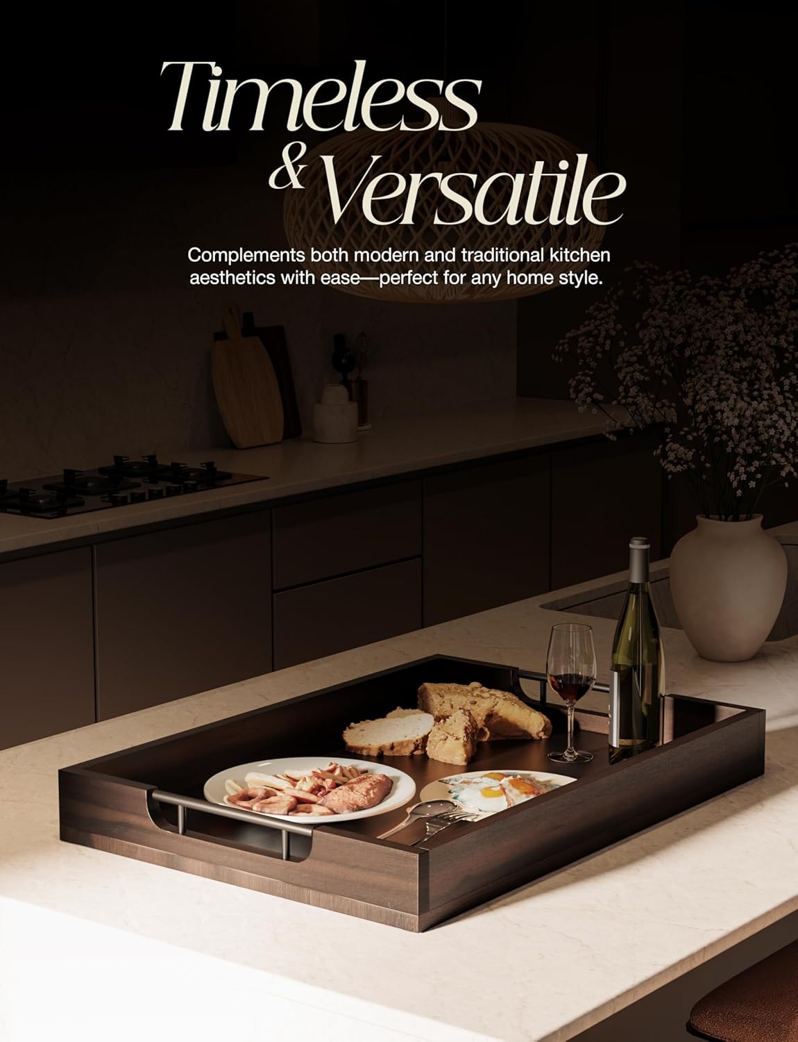 20 Inch Acacia Wood Ottoman Tray for Living Room - Coffee Table Trays, Serving Tray with Handles for Ottoman Table, Decorative Trays for Home Decor, Charcuterie Boards (Walnut Color)