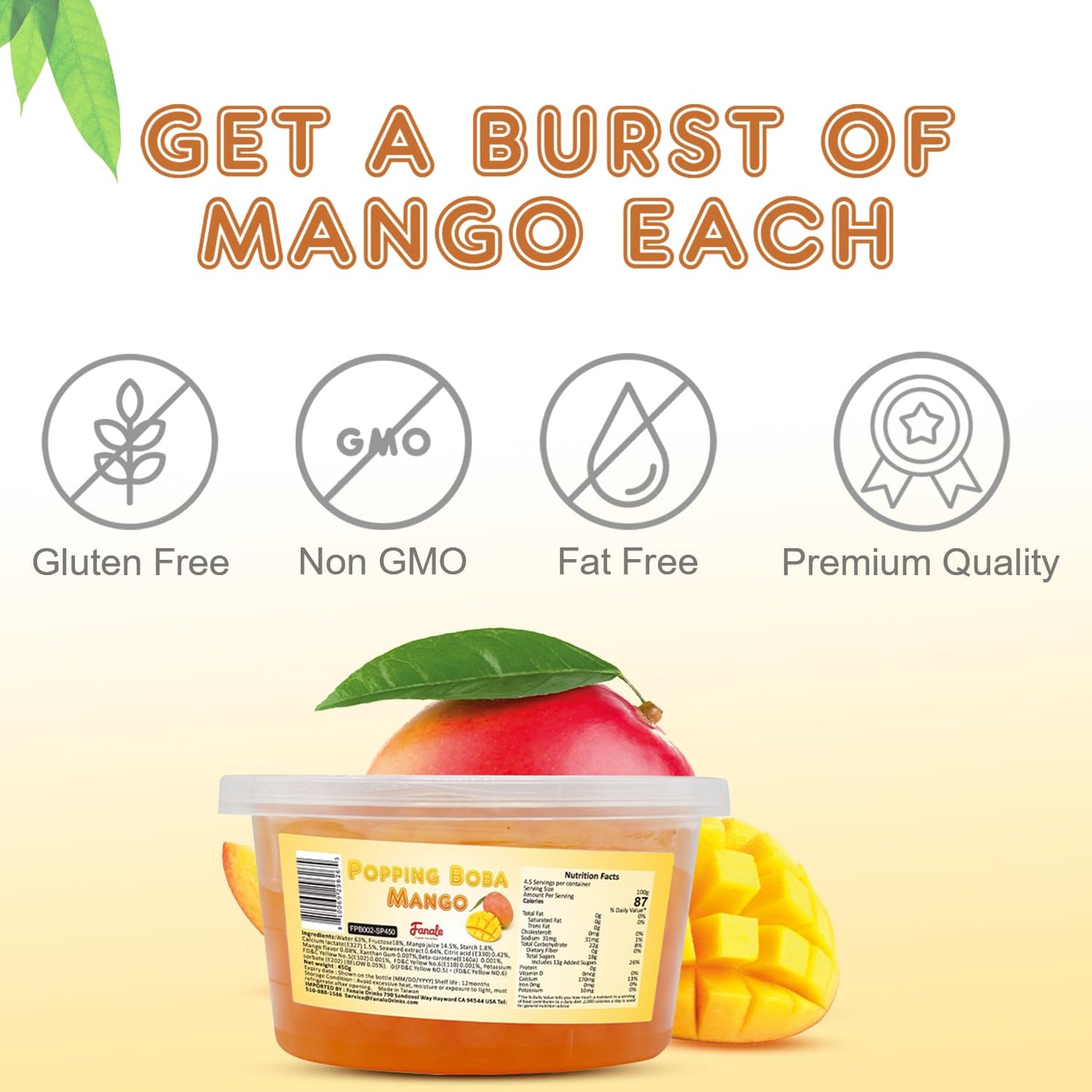 Fanale Mango Popping Boba Pearls, Vegan, Non GMO, Gluten Free, Fat Free, Perfect for Bubble Tea, Smoothies, Ice Cream, Desserts, and Beverages 1lb x 12.