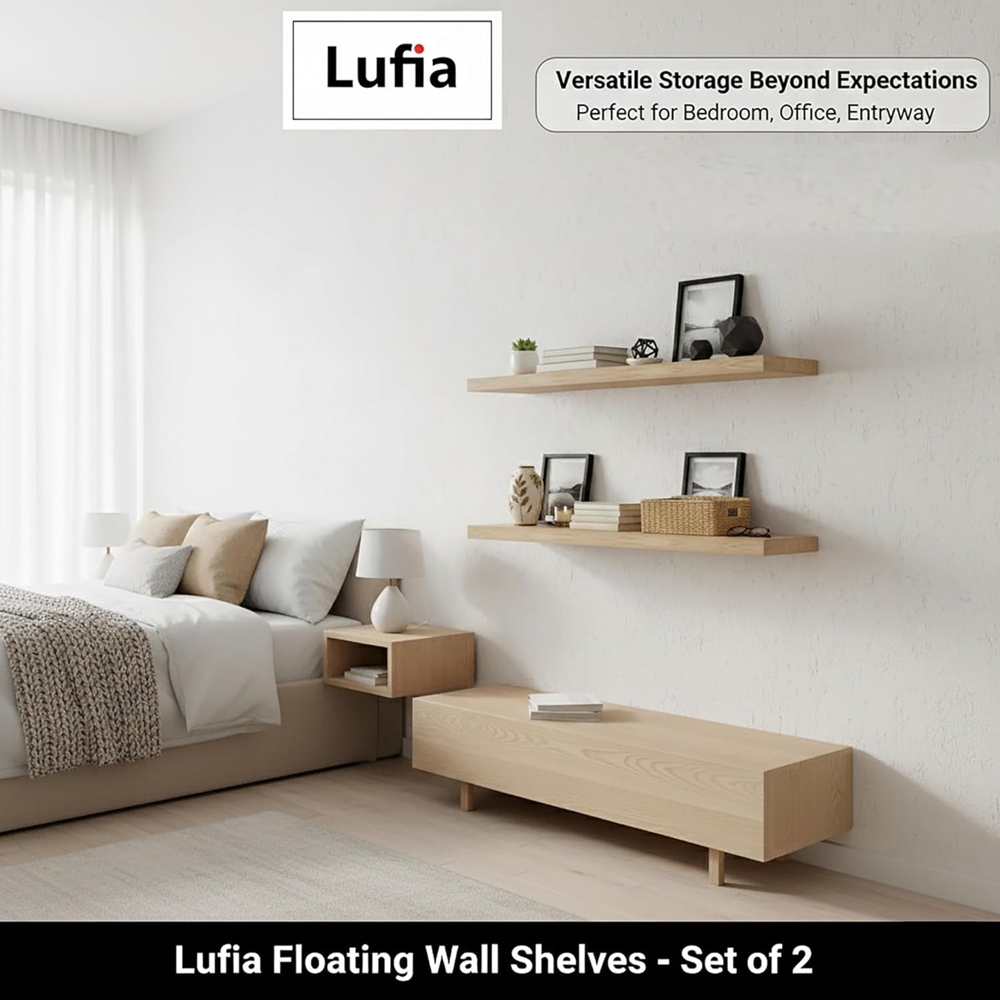 Lufia Floating Wall Shelves, Set of 2, MDF with Invisible Brackets, Modern Storage for Bedroom, Bathroom, Living Room, Kitchen (Oak, 32" W X 7" D X 1.5" H)