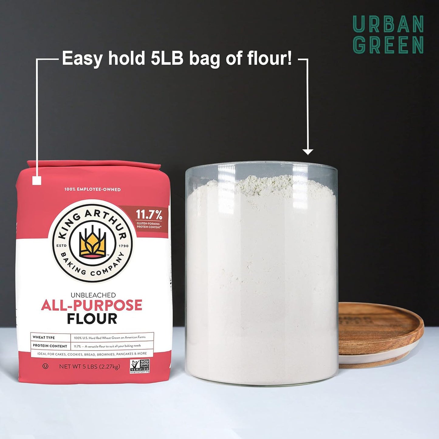 Urban Green Glass Jars with Airtight Lids, Airtight Glass Canisters set, Large Food Storage Containers with Wood Lids, 2 Pack of 100oz， Dry Food Pantry Jars, Flour Containers