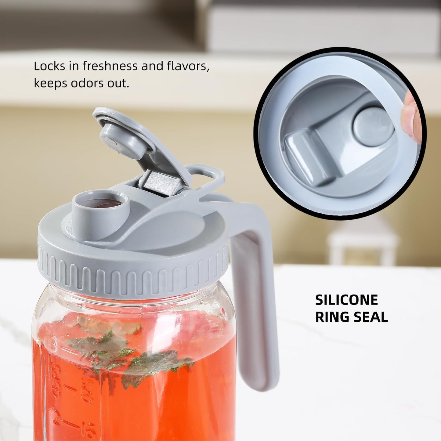 Glass Mason Jar Pitcher with Pour Spout Handle Lid, Breast Milk Pitcher Jug for Ice Tea, Cold Brew Coffee, Fridge Water, Juices, Leak Proof Storage Container (32oz 2Pack)