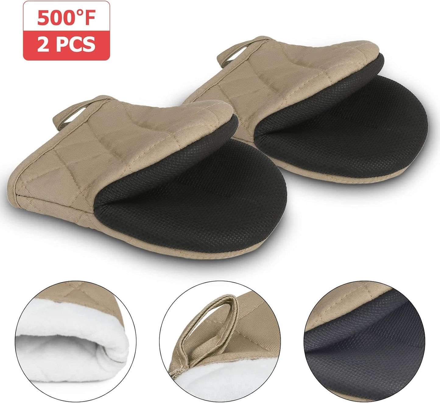 1 Pair Short Oven Mitts, Heat Resistant Silicone Kitchen Mini Oven Mitts for 500 Degrees, Non-Slip Grip Surfaces and Hanging Loop Gloves, Baking Grilling Barbecue Microwave Machine Washable