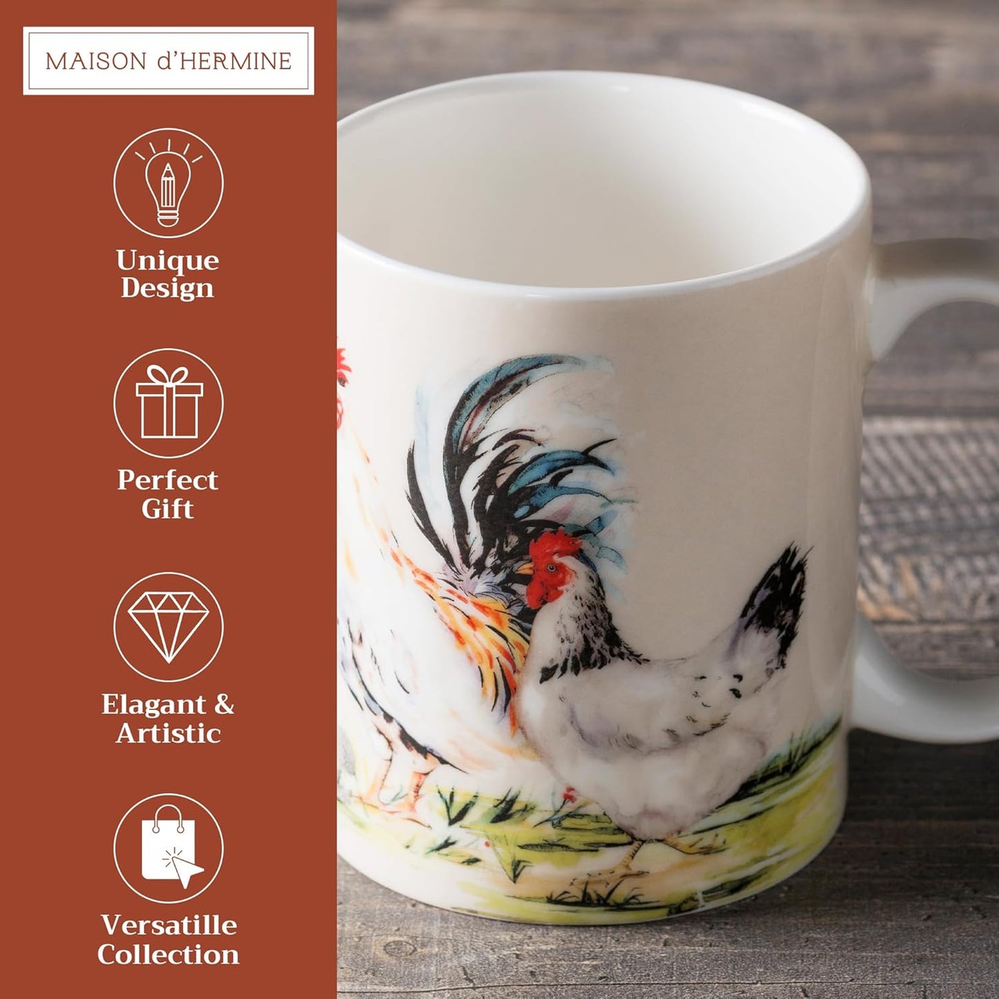 Maison d' Hermine Coffee Mug with Handles Fine Bone China Mugs Pack of One Tea Cups for Hot Beverages Cappuccino Latte Home Restaurant Office Perfect for Gift (Campagne - Basse Cour, 12 Ounce)