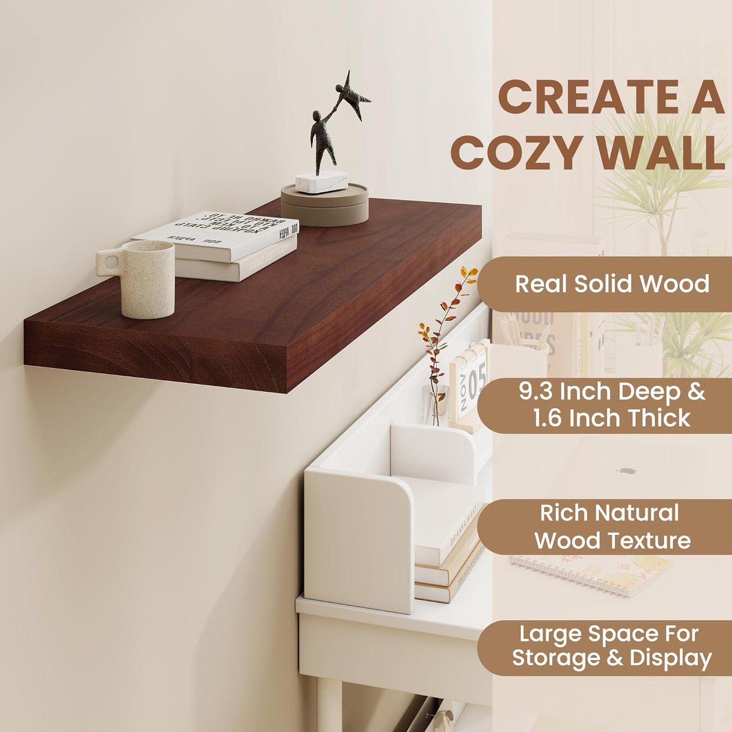 Fun Memories Deep Floating Shelves, Solid Wood Floating Shelves Wall Mounted, 9.3" Deep Floating Shelf for Living Room, Bedroom, 36 x 9 Large Wall Shelves for Books, Red Brown, Set of 2