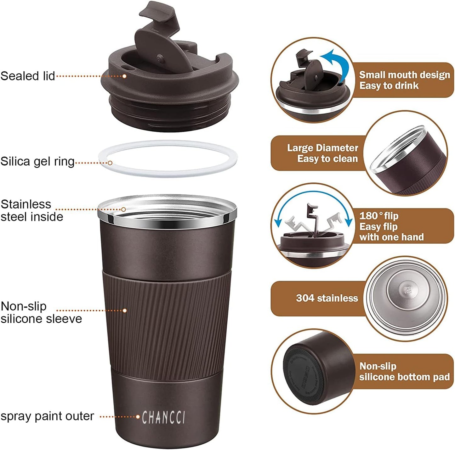 Travel Coffee Mug Spill Proof Leakproof 16 oz Insulated Coffee Mug with Screw Lid, Stainless Steel Vacuum Tumbler Reusable Thermal Coffee Cup to go for Hot and Cold Drinks -510ml, Brown