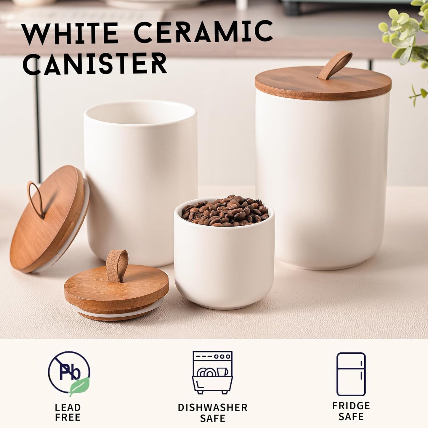 White Ceramic Canister Set with Bamboo Lids, 3-Piece Airtight Food Storage Jars for Kitchen - Flour, Sugar, Coffee, Tea, Spice - Small, Medium, Large Sizes