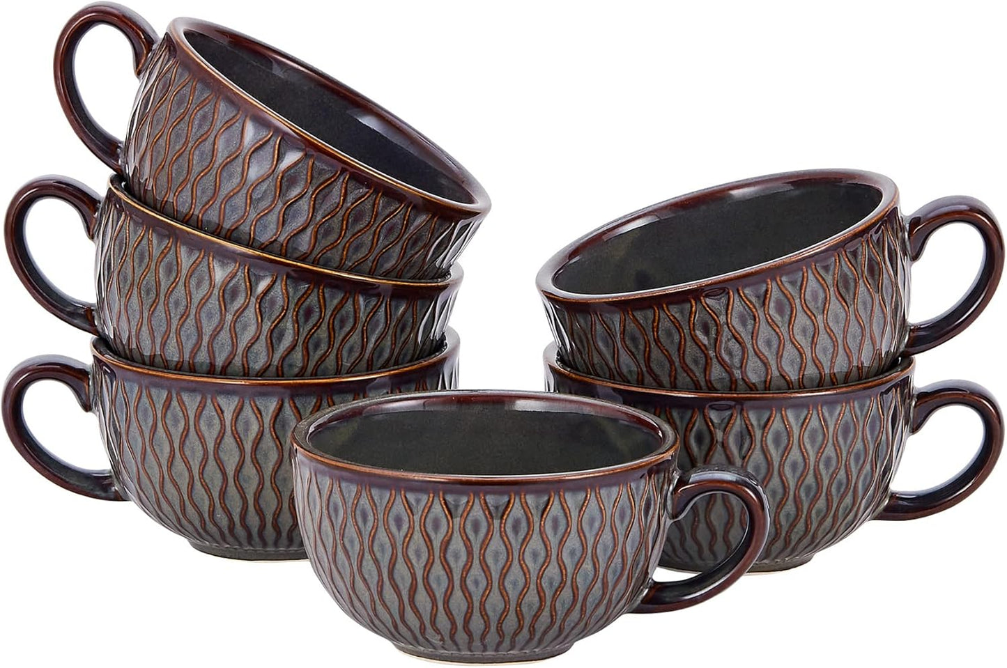 Set of 6 Cups Vintage Design 12 oz Professional Barista Ceramic Latte Art Cappuccino Cups Set (Embossed Grey * 6)