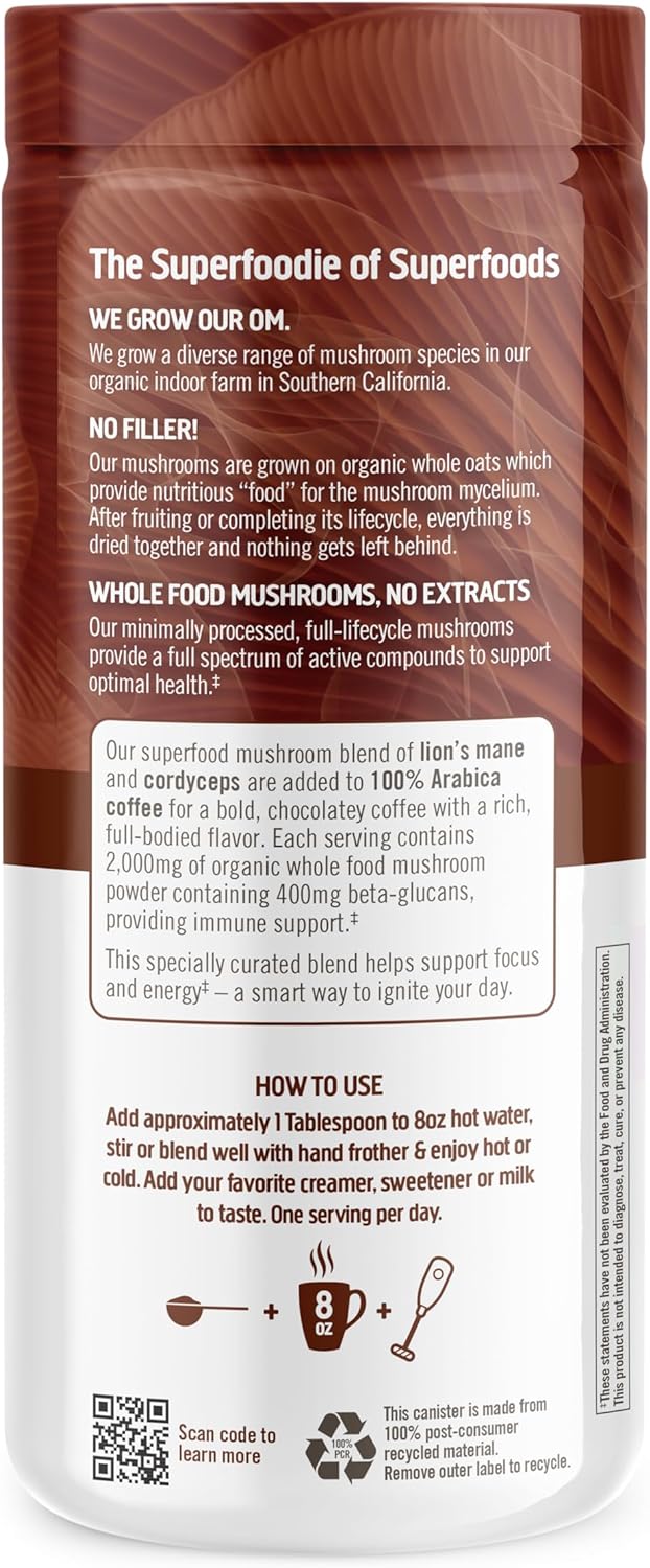 OM MUSHROOM SUPERFOOD Coffee Blend Mushroom Powder, 6.24 Ounce Canister, 30 Servings, Organic Arabica Beans, Lion's Mane, Cordyceps, Turkey Tail, Ginkgo Biloba, Supports Energy and Focus