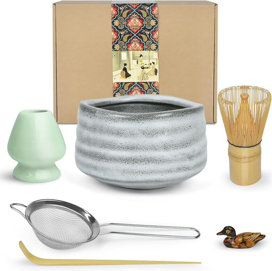 Artcome Matcha Ceremony Kit for Japanese Tea Ceremony, Traditional Matcha Bowl, Whisk, Tea Scoop, Matcha Powder Strainer, Matcha Tea Set For Making Usucha, Koicha and Matcha Latte (Gray)