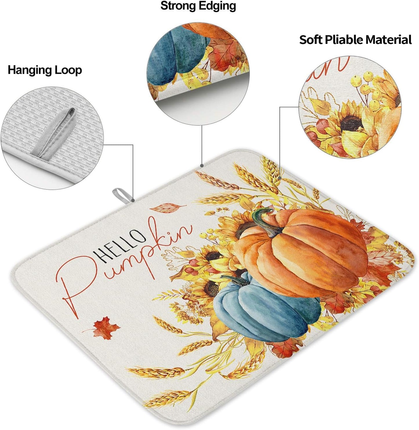 Fall Dish Drying Mat for Kitchen Counter Hello Pumpkin Drying Pad Absorbent Drying Mats for Countertops Sinks Draining Racks Sunflower Ears of Wheat Drainer Holiday Harvest Thanksgiving Decor 16x18