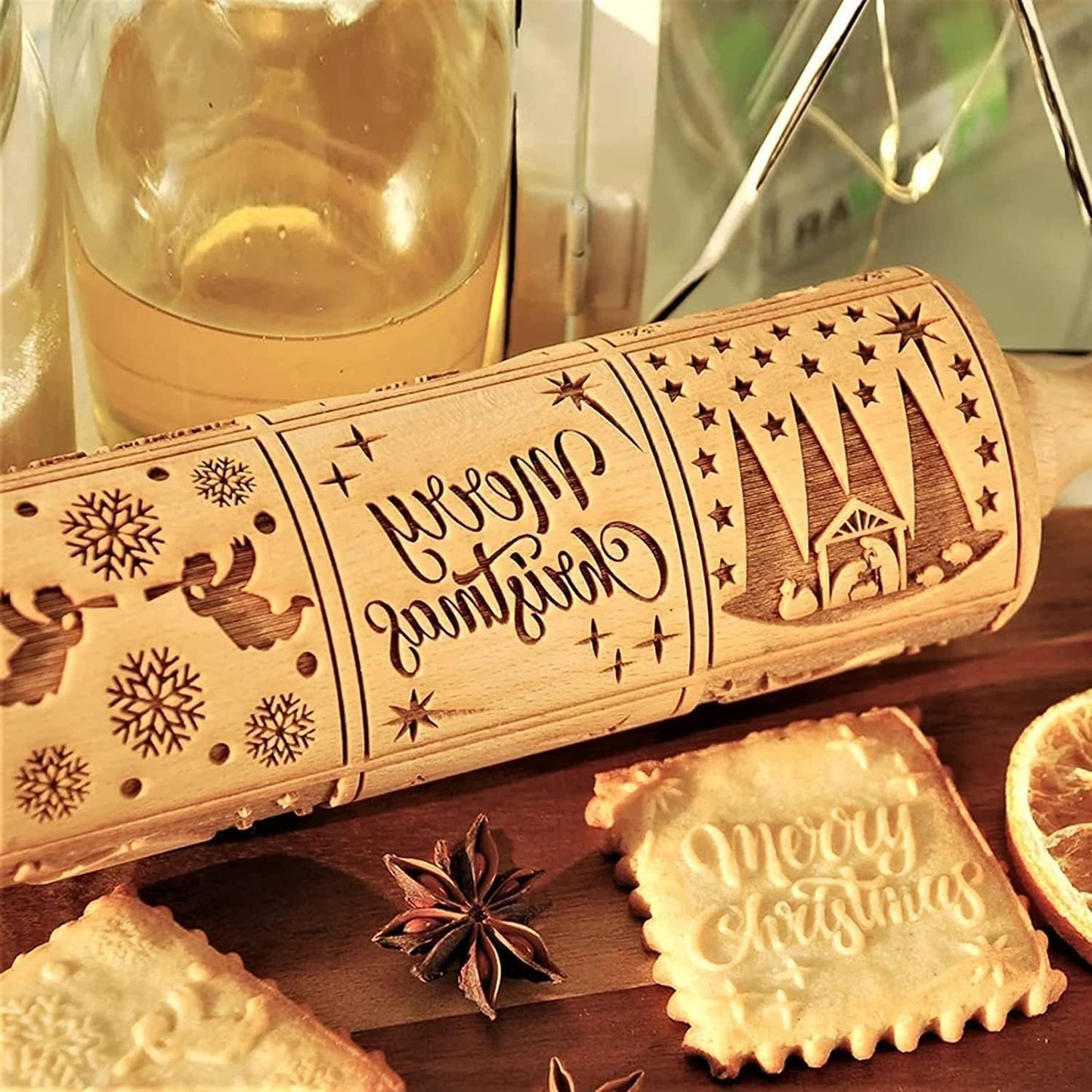 Christmas Wooden Rolling Pin for Baking,Engraved Embossing Rolling Pin Cookie Stamps Roller Square Grid Cookies Mold Kitchen Decor Tools for Kids Adults(Jesus Nine Palaces)