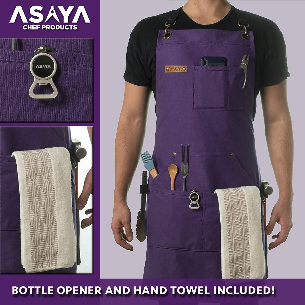 Asaya Chef and BBQ Apron with Bottle Opener and Hand Towel - 10oz Cotton Canvas, Stainless Steel Hardware - Cross Back Straps