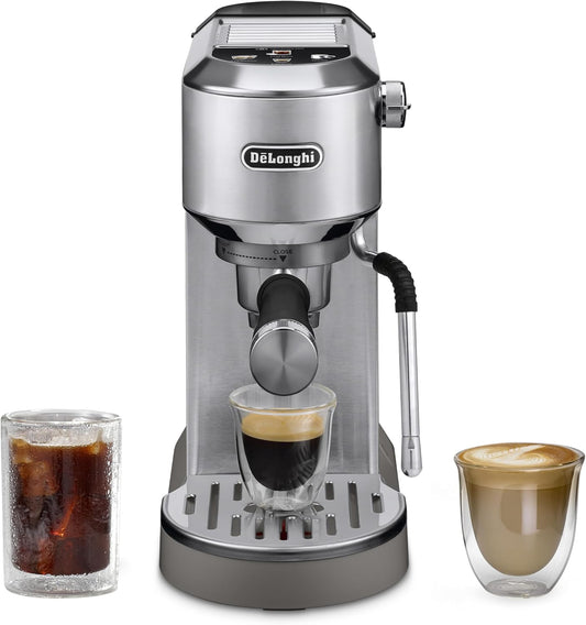 De'Longhi Dedica Duo Compact Espresso Machine - Cold Brew Coffee Maker with Milk Frother Wand- for Espresso, Hot & Iced Coffee, Cappuccinos, Lattes & Home Barista Brewing, Stainless Steel