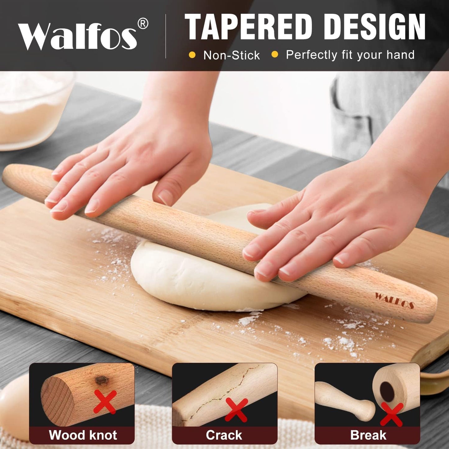 WALFOS French Rolling Pin and Silicone Baking Mat Set, Non-Stick Beech Wood Rolling Pin 15.7 Inch and Pastry Mat for Best Pie Crust, Cookie, Pasta and Pizza Dough