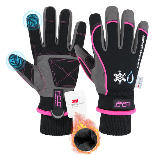 HANDLANDY Waterproof Insulated Work Gloves, 3M Thinsulate Thermal Winter Gloves for Men Women Touch Screen, Warm Ski Snowboard Cold Weather Gloves (Small, Pink)