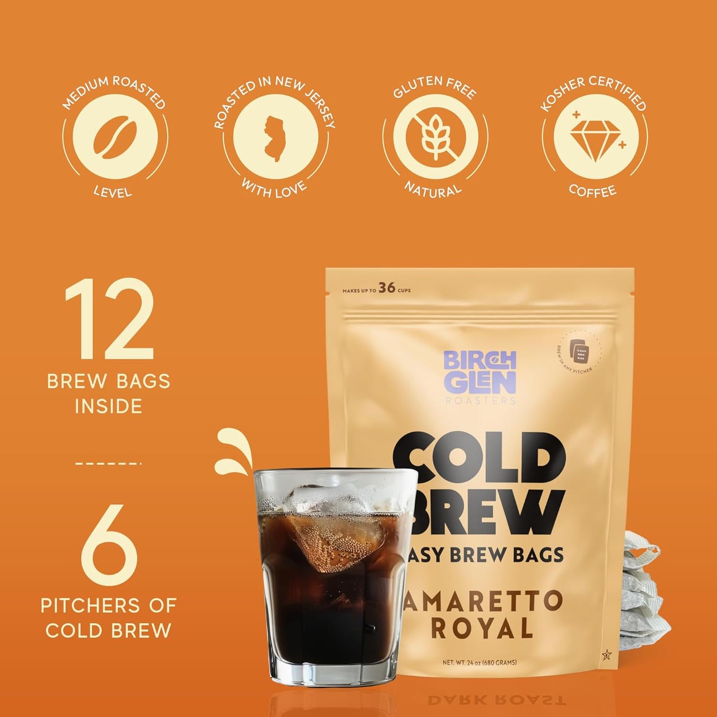 Birch Glen Roasters Cold Brew Coffee Bags - 12 Pack of Coarse Ground Coffee Filter Pitcher Packs for Easy Brewing - 100% Arabica - Yields 6 Pitchers - Irish Cream Flavor