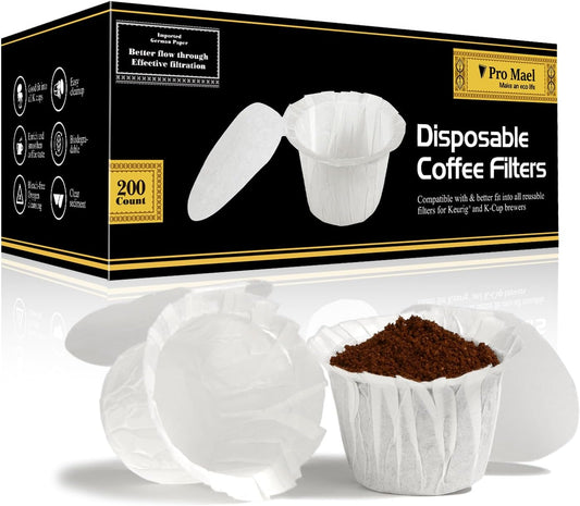 Pro Mael Disposable K Cup Coffee Filters with Lid, Coffee Filter Paper for Keurig Brewers Single Serve 1.0 and 2.0, Use with Resusable K Cup Pods, White (200 Count)