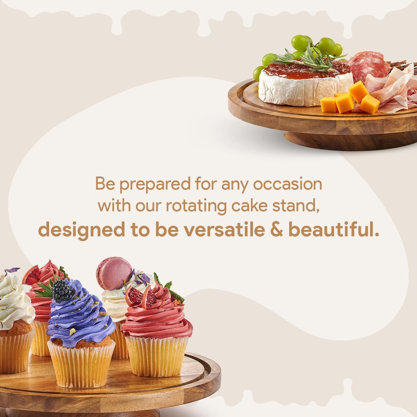 Rotating Cake Stand With Lid - 12 Inch Round Cake Holder with Cover, 4” Tall, Acacia Wood Spinning Cake Turntable for Decorating, Display and Serving Platter, Acrylic Cake Dome, No Glass