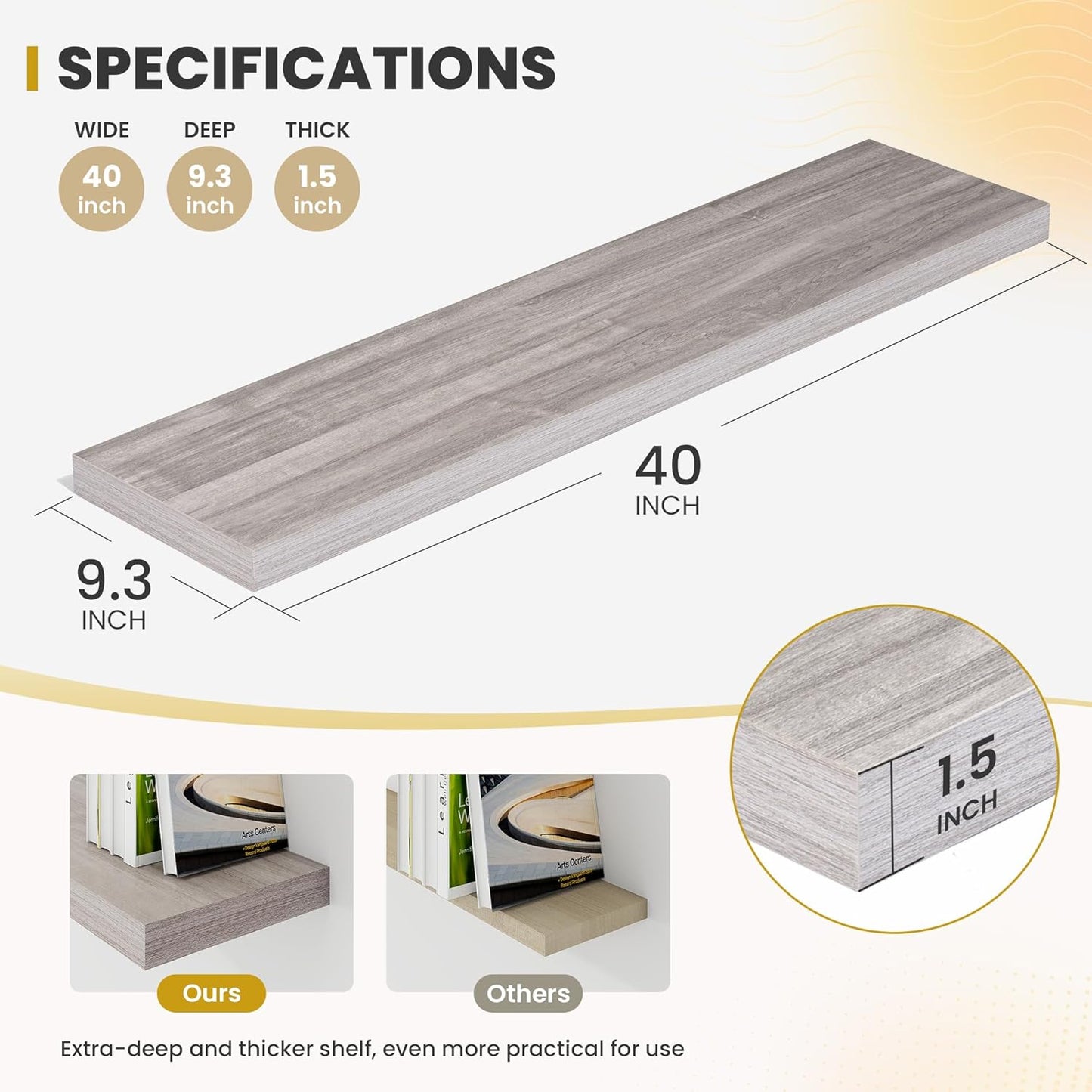 40 Inch Floating Shelves, 9.3" Deep Floating Shelf Wall Mounted, 40" Wall Shelves, Rustic Deep Bookshelf, Large Display Shelves & Storage Shelves for Bedroom, Living Room, Gray, Set of 2