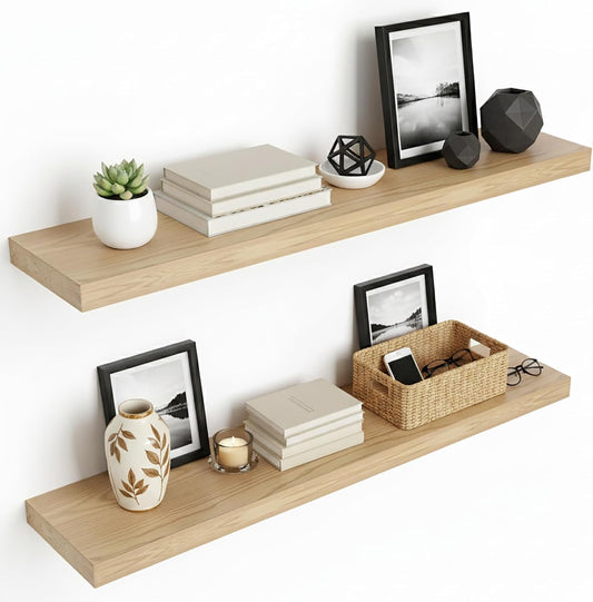 Lufia Floating Wall Shelves, Set of 2, MDF with Invisible Brackets, Modern Storage for Bedroom, Bathroom, Living Room, Kitchen (Oak, 32" W X 7" D X 1.5" H)