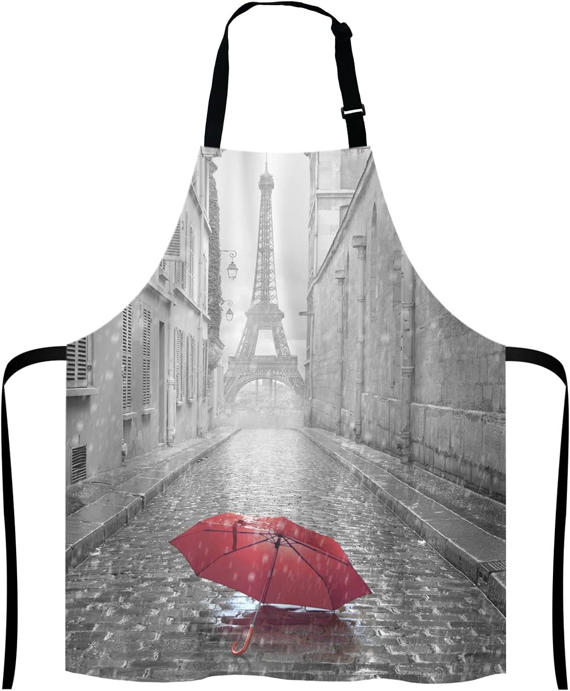 Paris France Apron, Red Umbrella in Rain Eiffel Tower Unisex Kitchen Bib with Adjustable Neck for Cooking Gardening,Adult Size