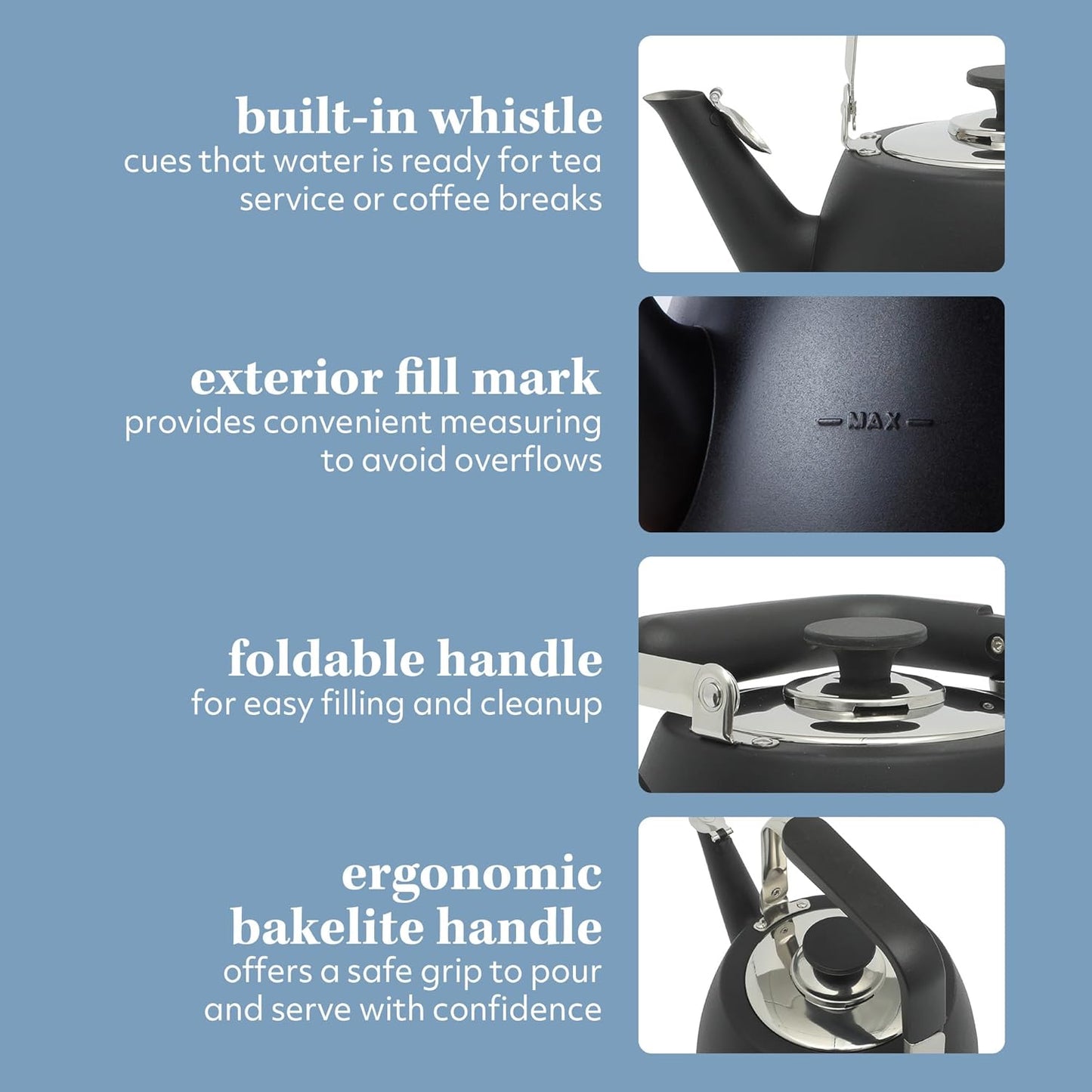 Sur La Table Kitchen Essentials Large 2 QT Heavy Gauge Stainless Steel Whistling Tea Kettle - Matte Black