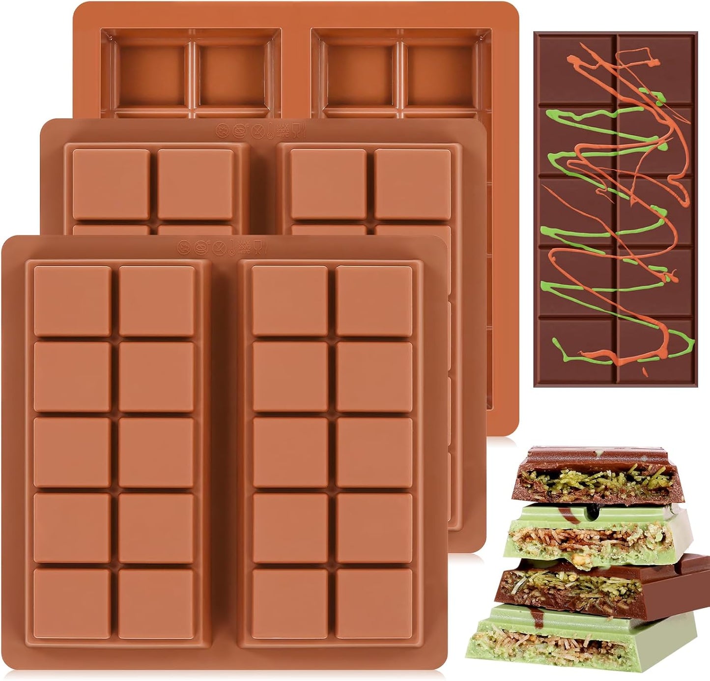Dubai Chocolate Molds 1 Inch Deep, Silicone Chocolate Bar Mold – Non-Stick, Flexible, Large and Thick Homemade Chocolates, Candies, and Desserts - Set of 3