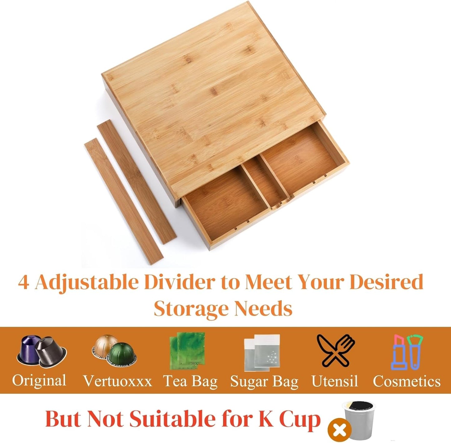 Peohud Bamboo Coffee Pod Drawer, Espresso Coffee Capsule Holder with 5 Adjustable Compartment, Tea Bag Storage Organizer for Kitchen Counter Office