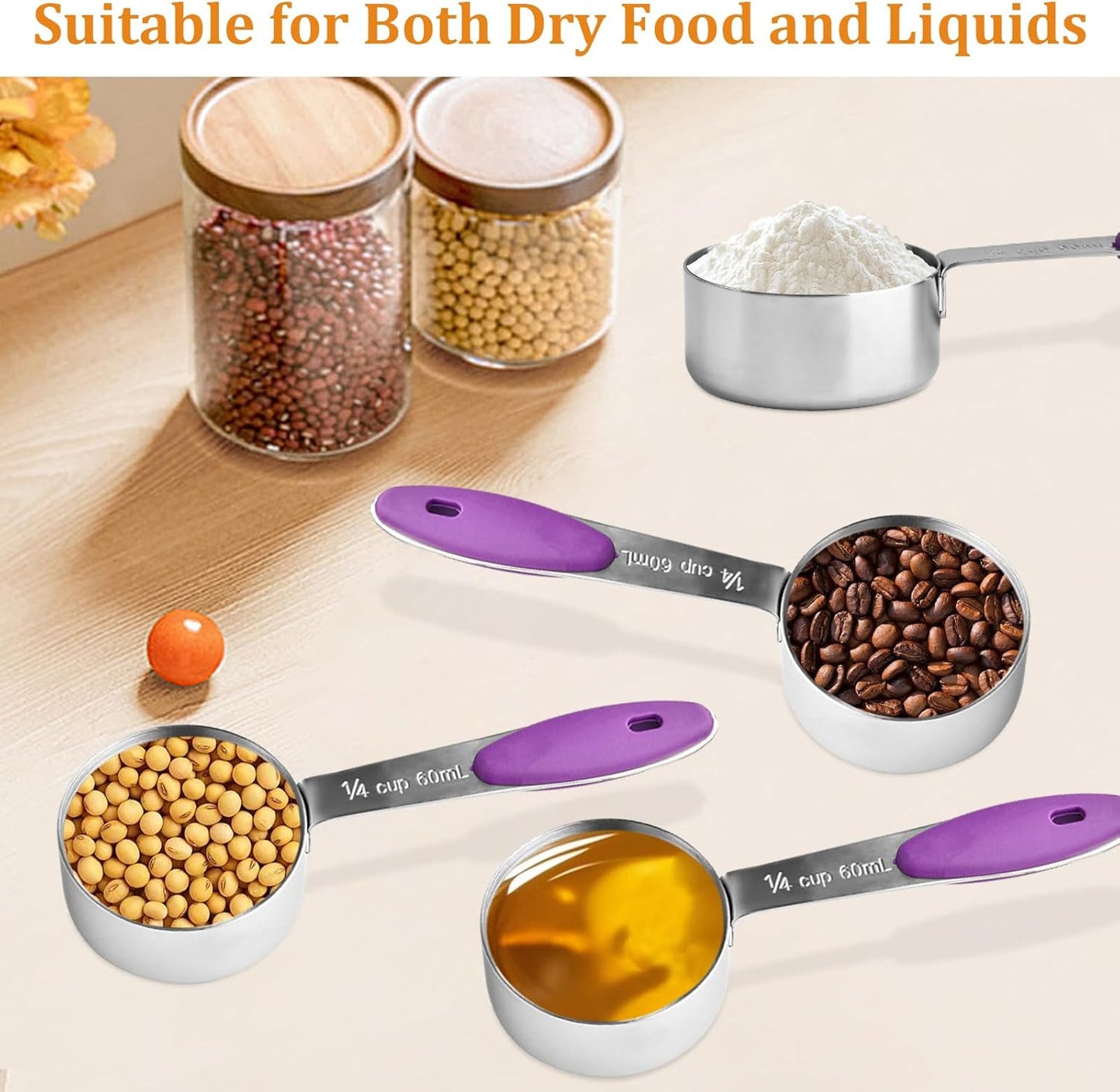 10 Pcs 1/4 Measuring Cup, 2 Oz Stainless Steel Scoop with Silicone Handle, Metal Mini Measuring Scoops Kitchen Gadgets for Cooking Baking,Coffee Bean Pet Food,Ingredients,Purple