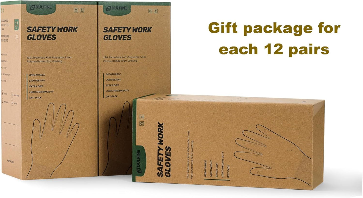 DULFINE Safety Work Gloves PU Coated-12 Pairs,Red Seamless Knit Glove with Polyurethane Coated Smooth Grip on Palm & Fingers, for Men and Women, Ideal for General Duty Work (Large)