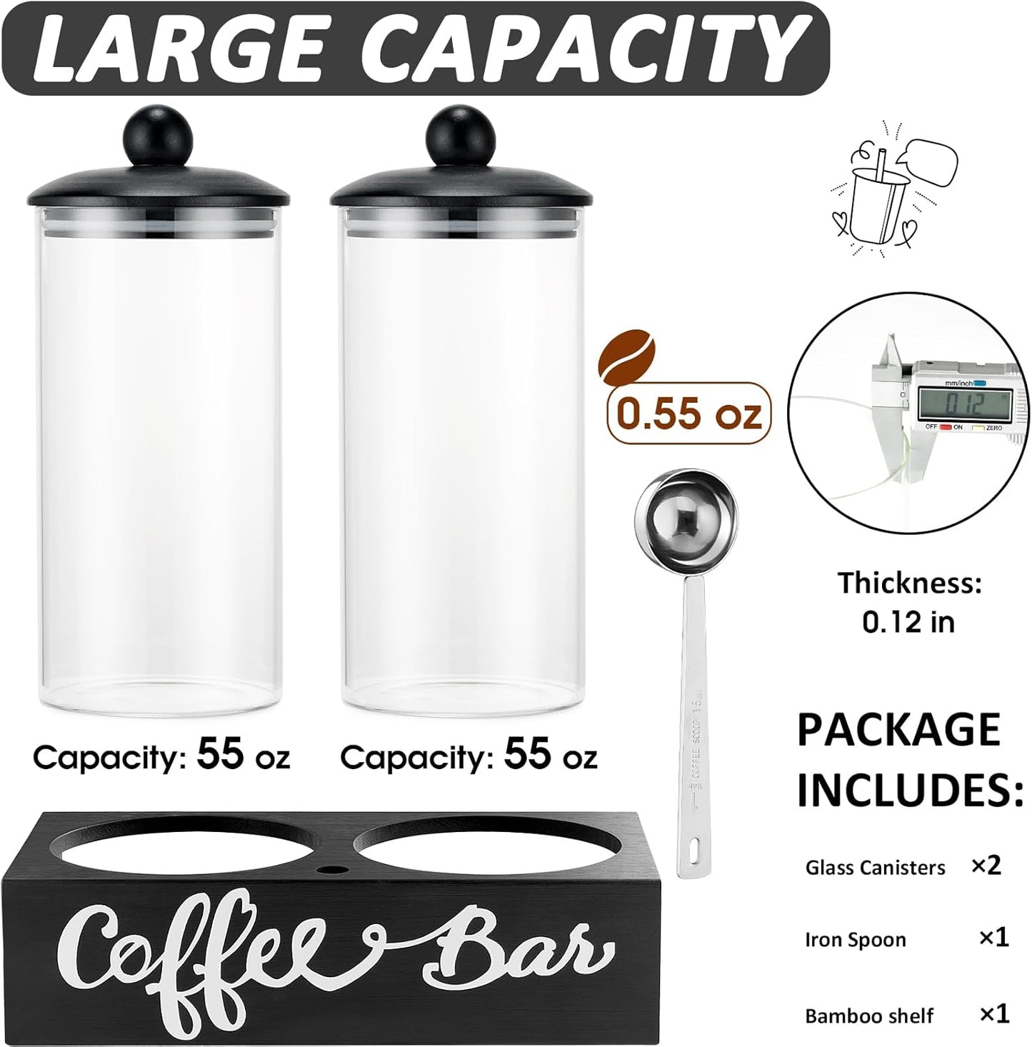 Yangbaga Glass Sugar Coffee Canister for Ground Coffee,2×55OZ Coffee Containers with Handle Shelf Coffee Bar Station Accessories Organizer Decor,Food Storage Jars with Iron Coffee Scoop for Kitchen