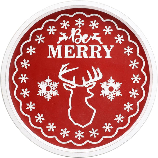 Christmas Reindeer Wood Decorative Ottoman Tray for Coffee Table Kitchen Counter, Living Room, Round Handcrafted Red Wooden Serving Tray for Table Centerpiece