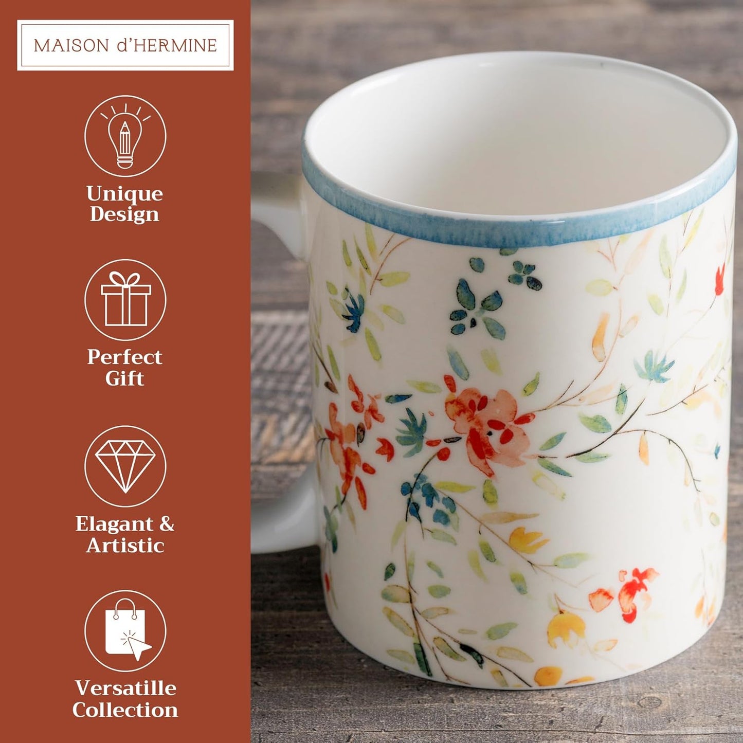 Maison d' Hermine Coffee Mug with Handles Fine Bone China Mugs Pack of One Tea Cups for Hot Beverages Cappuccino Latte Home Restaurant Office Perfect for Gift (Colmar - Blue, 15 Ounce)