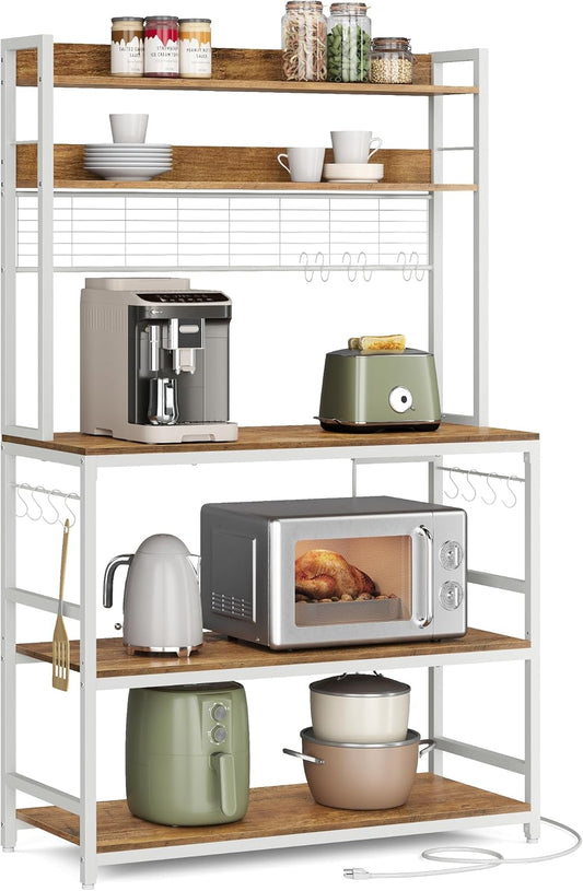 VASAGLE Hutch Bakers Rack with Power Outlet, 14 Hooks Microwave Stand, Adjustable Coffee Bar with Metal Wire Panel, Kitchen Storage Shelf, 15.7 x 39.4 x 66.9 Inches, Rustic Walnut and White UKKS038W41
