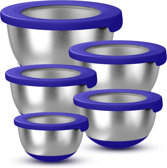 Stainless Steel Mixing Bowls with Lids – Set of 5 Large Nesting Metal Bowls for Kitchen, Baking, Cooking, Food Prep & Storage, Non-Slip Base, Dishwasher Safe,Blue