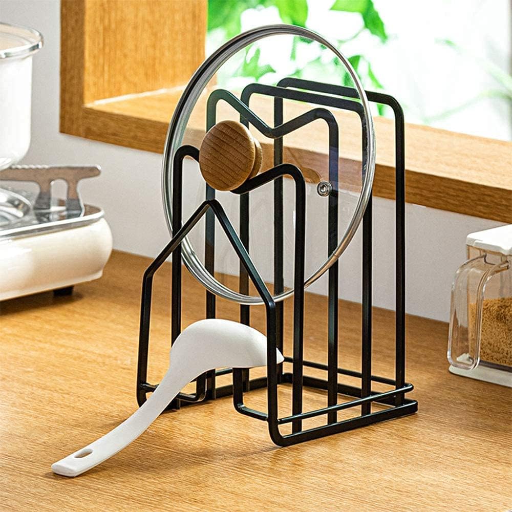 SUNFCON Cutting Board Holder Rack Pot Pan Lids Holder 2 Adhesive 304 Stainless Steel Hanging Hooks Chopping Board Organizer Thin Bakeware Tray Dry Display Stand Kitchen Countertop Cabinet Dark Black