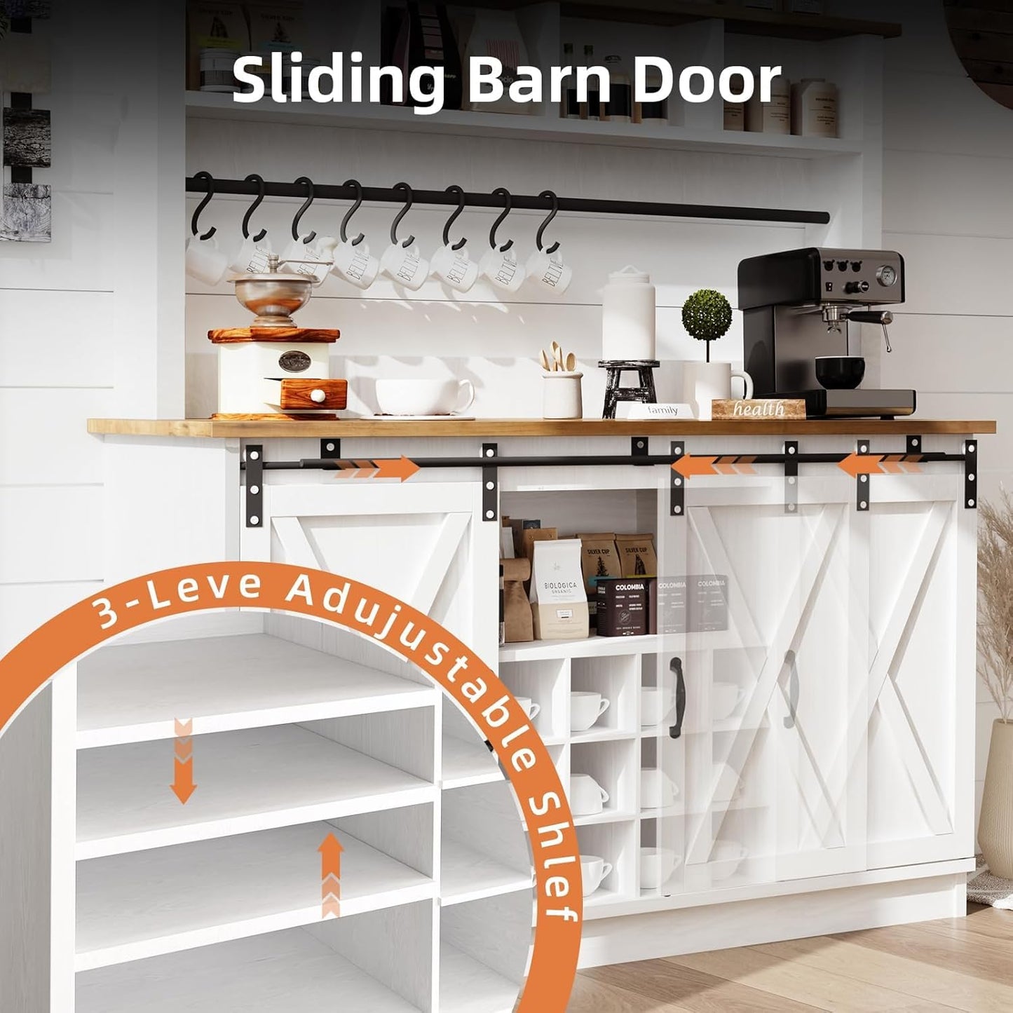 4ever2buy Farmhouse Coffee Bar Cabinet with 4 Storage Hutch, 55 Inch Wine Bar with 12 Wine Racks and 8 Hooks, Hutch Storage Cabinet with Sliding Barn Doors for Kitchen Dining Living Room, White