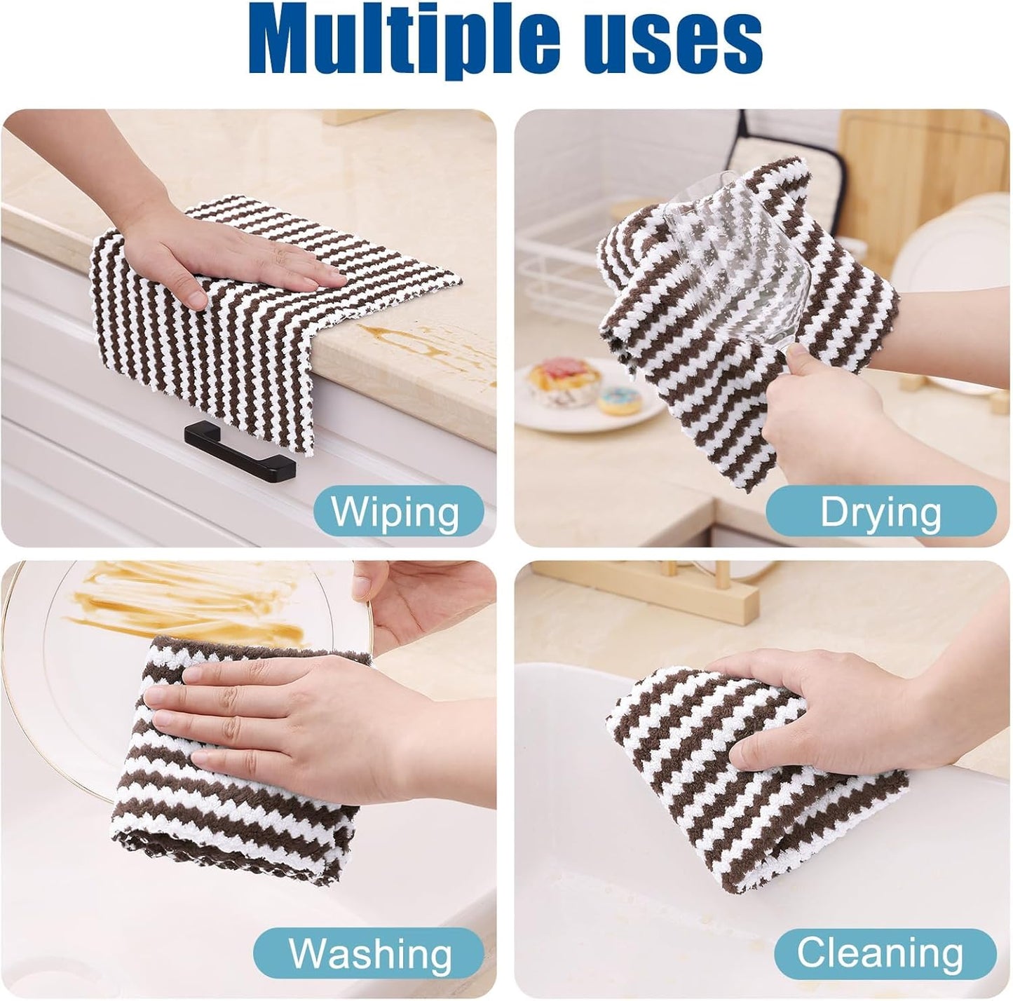 Homaxy 24 Pack Kitchen Dish Cloths, Ultra Soft and Absorbent Dish Towels, Reusable Fast Drying Microfiber Cleaning Cloth, Coral Velvet Wave Design No-lint, 10 x 10 inches, Brown