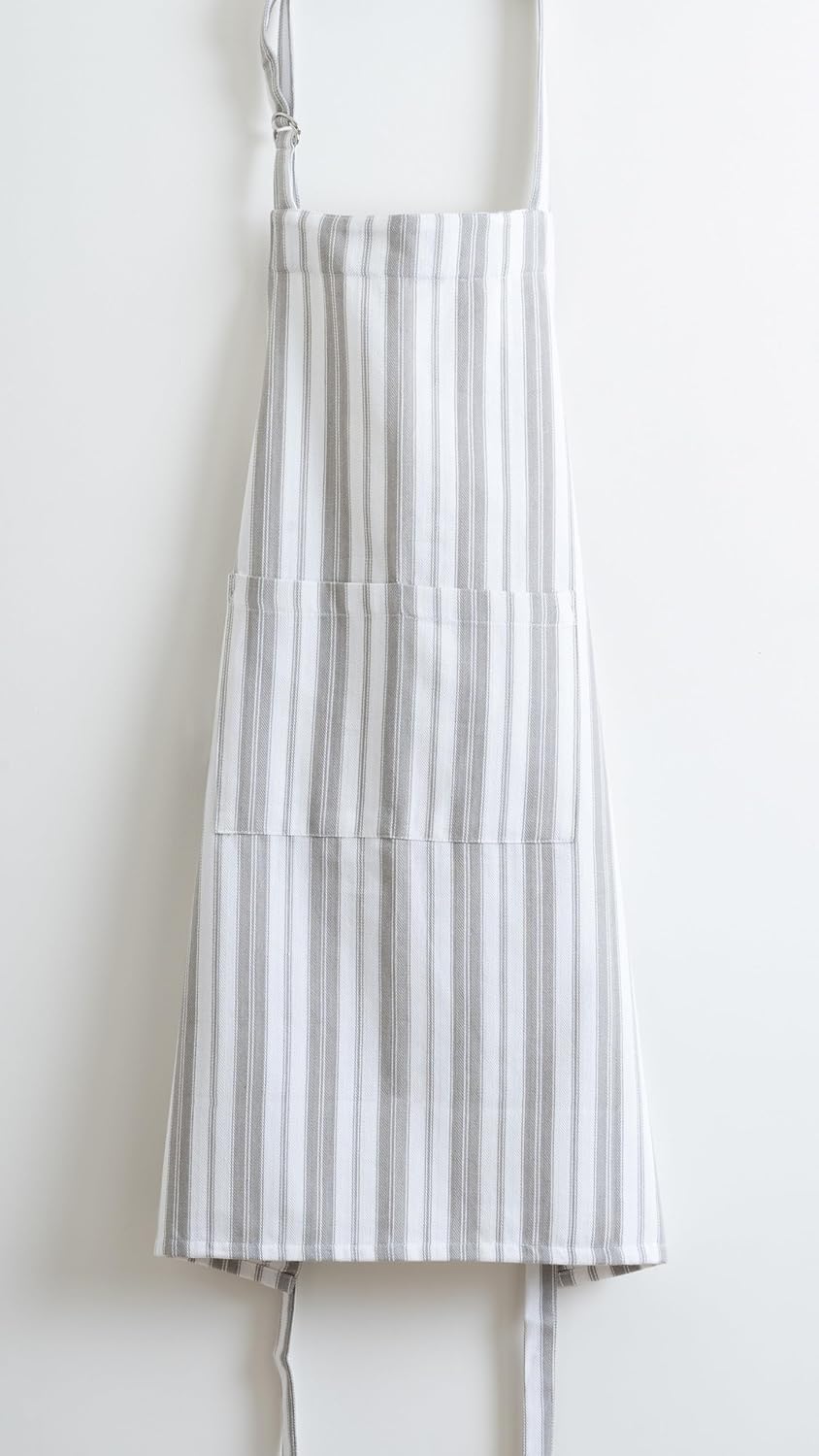 1 Oven Mitt, 1 PotHolder & 1 Kitchen Apron Set - Durable Heat Resistant Gloves - Thick Mittens for Kitchen - Suitable for Cooking, Baking, Grilling – Men & Women – Light Grey Stripes - Casa De Lan