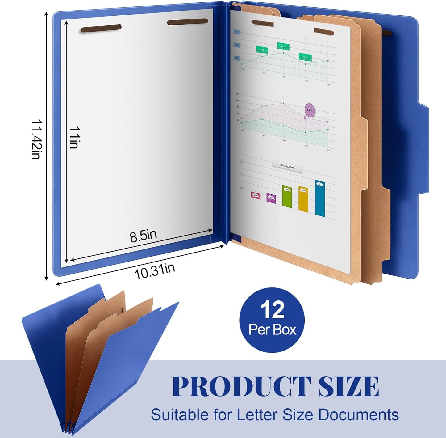 12 Pcs Classification Folders Letter Size Bulk - 2 Dividers Pressboard File Folder with 3.5 Inch Expansion, 2 Prongs Fastener, Heavy Duty Office File Organizer for Teacher Medical (Dark Blue)